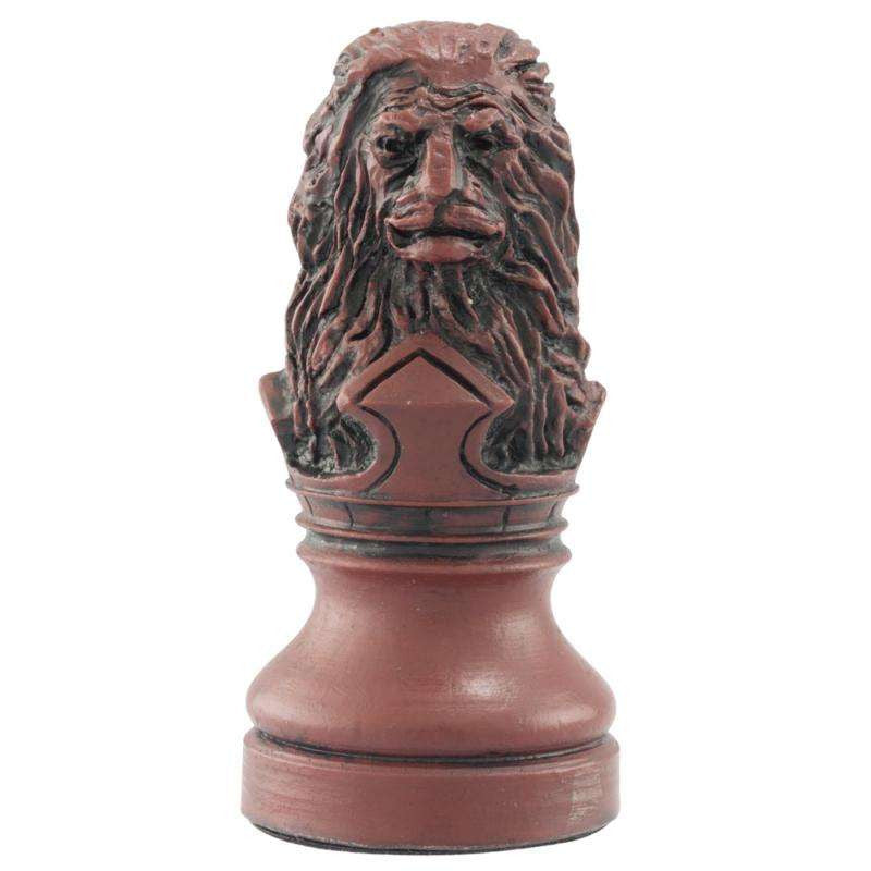 Burgundy coloured themed hand made Knight chess piece designed with a blend of the classic styles of Staunton and the Old French Dieppe, depicting a Lion, a symbol of strength and bravery which was adopted by Richard the Lionheart as part of his coat of arms.