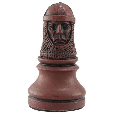 Burgundy coloured themed hand made Pawn chess piece designed with a blend of the classic styles of Staunton and the Old French Dieppe, depicting William Marshall, a famous fighter and knight who was thought to have tutored Richard the Lionheart in the art of combat and chivalry.