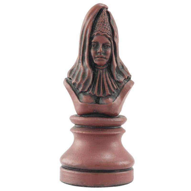 Burgundy coloured themed hand made Queen chess piece designed with a blend of the classic styles of Staunton and the Old French Dieppe, depicting Elanor of Aquitaine, Richard the Lionheart's mother.
