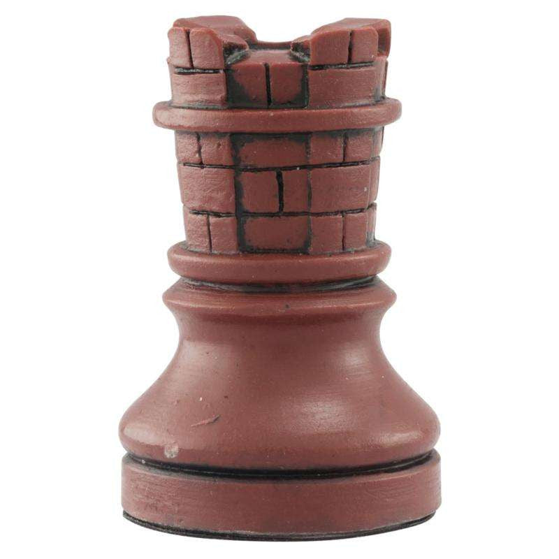 Burgundy coloured themed hand made Bishop chess piece designed with a blend of the classic styles of Staunton and the Old French Dieppe, depicting a tower of a castle of the medieval period.