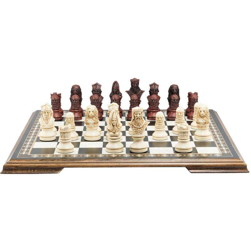 Hand made themed chess set in the colours of ivory and burgundy for either side, designed with a blend of the classic styles of Staunton and the Old French Dieppe, featuring characters such as Richard I as the King, Elanor of Aquitaine as the Queen, Hubert Walder as the Bishop, A Lion as the Knight, and William Marshall as the Pawn.

Placed upon a wooden black and white chessboard.
