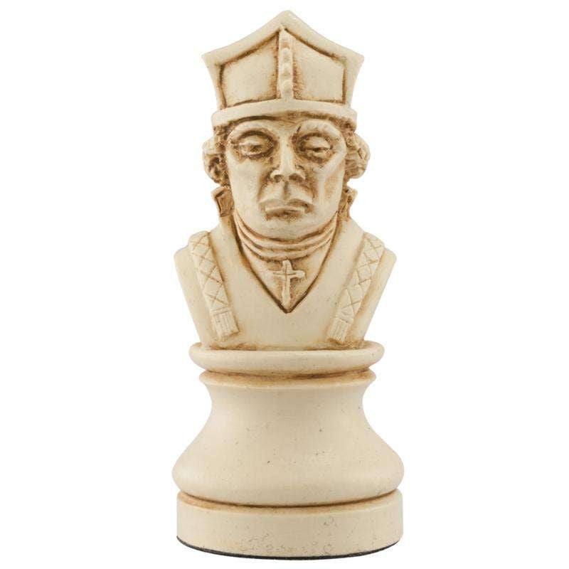 Ivory coloured themed hand made Bishop chess piece designed with a blend of the classic styles of Staunton and the Old French Dieppe, depicting Hubert Walter, The Bishop of Salisbury who accompanied Richard the Lionheart on his Crusades.