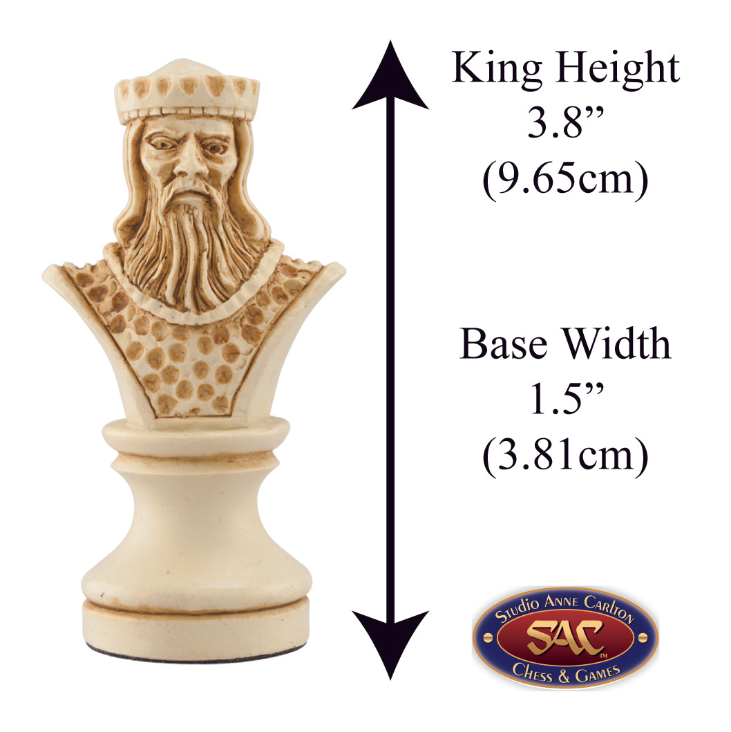 Ivory coloured themed King chess piece designed with a blend of the classic styles of Staunton and the Old French Dieppe, Depicting Richard The 1st (Richard the Lionheart).
Includes measurement information for the piece, it is 3.8" inches tall and 1.5" inches wide.

