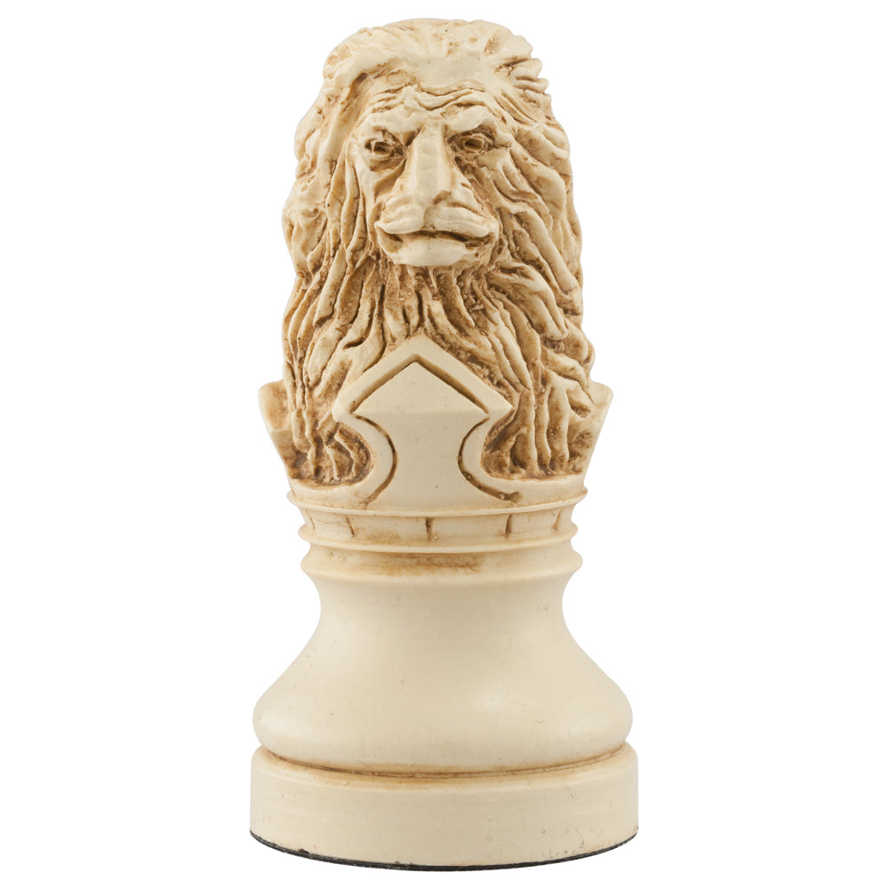 Ivory coloured themed hand made Knight chess piece designed with a blend of the classic styles of Staunton and the Old French Dieppe, depicting a Lion, a symbol of strength and bravery which was adopted by Richard the Lionheart as part of his coat of arms.