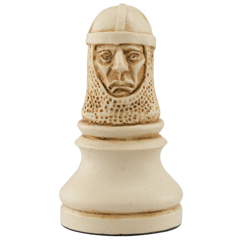 Ivory coloured themed hand made Pawn chess piece designed with a blend of the classic styles of Staunton and the Old French Dieppe, depicting William Marshall, a famous fighter and knight who was thought to have tutored Richard the Lionheart in the art of combat and chivalry.