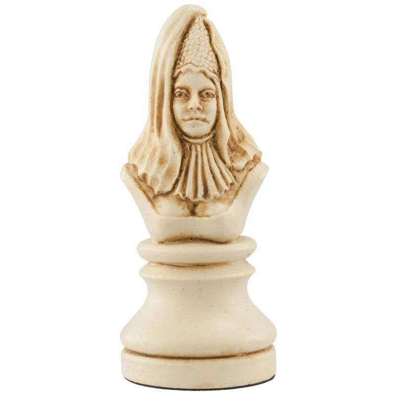 Ivory coloured themed hand made Queen chess piece designed with a blend of the classic styles of Staunton and the Old French Dieppe, depicting Elanor of Aquitaine, Richard the Lionheart's mother.
