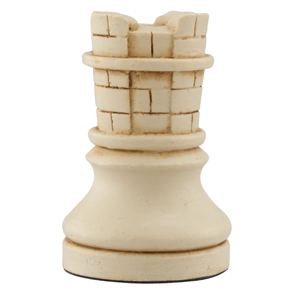 Ivory coloured themed hand made Bishop chess piece designed with a blend of the classic styles of Staunton and the Old French Dieppe, depicting a tower of a castle of the medieval period.