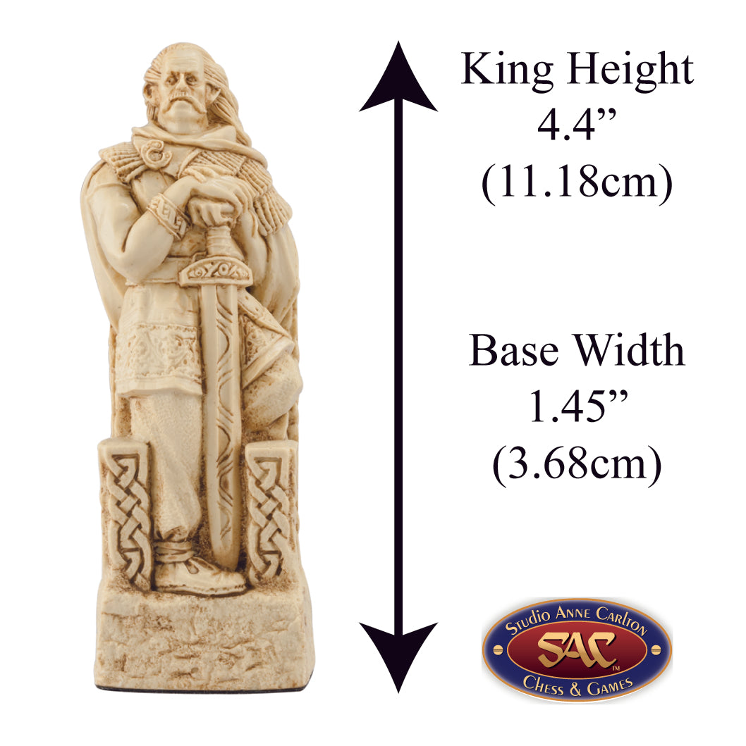 A handmade chess piece featuring King Brian Boru from The Battle of Clontarf, Alongside measurement information.