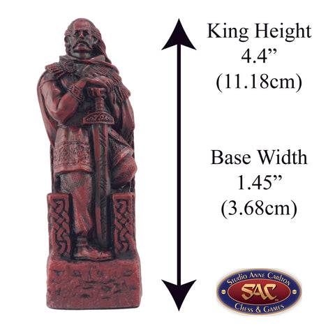 A handmade chess piece featuring King Brian Boru from The Battle of Clontarf, Alongside measurement information.