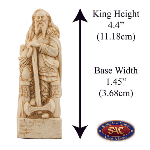 A handmade chess piece featuring a Sihtric Silkbeard from The Battle of Clontarf, Alongside measurement information.