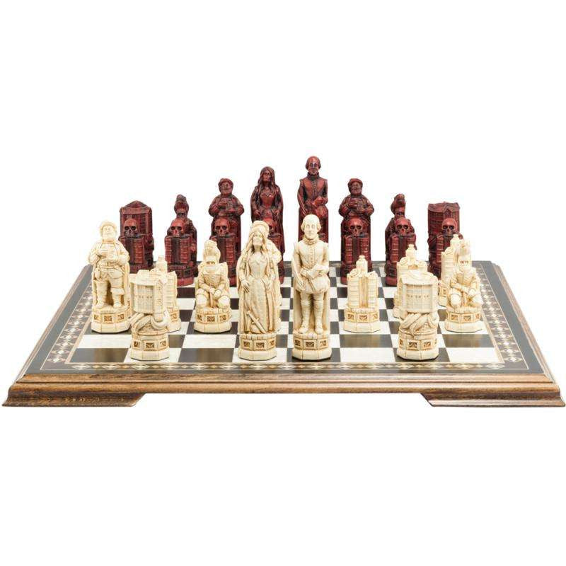 A handmade chess set depicting Shakespeare, Lady Macbeth, Sir John Fallstaff, Nick bottom & The Globe theatre displayed on a wooden chess board.
