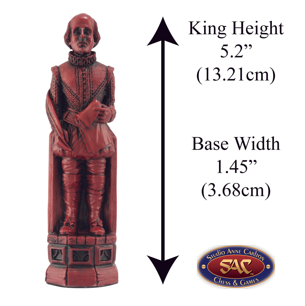 Burgundy coloured themed King chess piece depicting the famed William Shakespeare.
Includes measurement information for the piece, it is 5.2" inches tall and 1.45" inches wide.