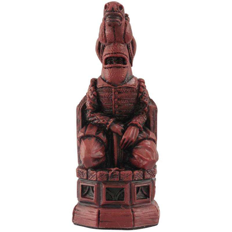 Burgundy coloured themed Knight chess piece depicting Nick Bottom, from a Midsummer Knight's Dream.
