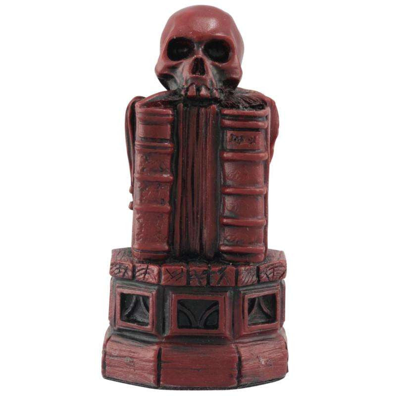 Burgundy coloured themed Pawn chess piece depicting Yorick's Skull upon 3 books, to represent Shakespeare's dark tragedies.