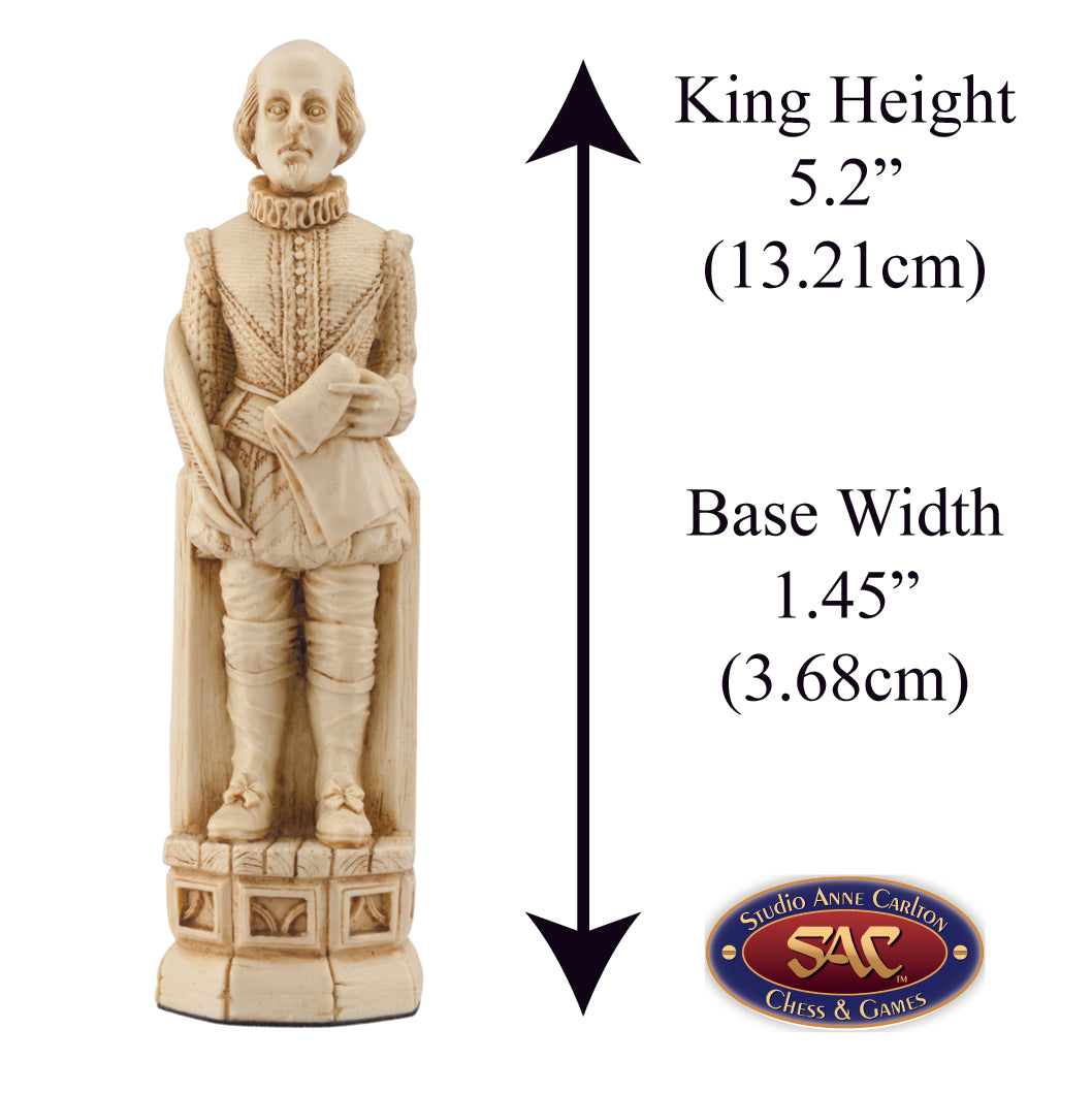 Ivory coloured themed King chess piece depicting the famed William Shakespeare.
Includes measurement information for the piece, it is 5.2" inches tall and 1.45" inches wide.