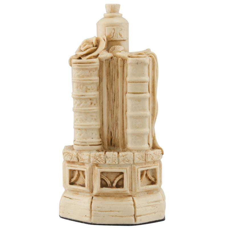 Burgundy coloured themed Pawn chess piece depicting Flowers and Parchment, representing Shakespeares romances and comedies.