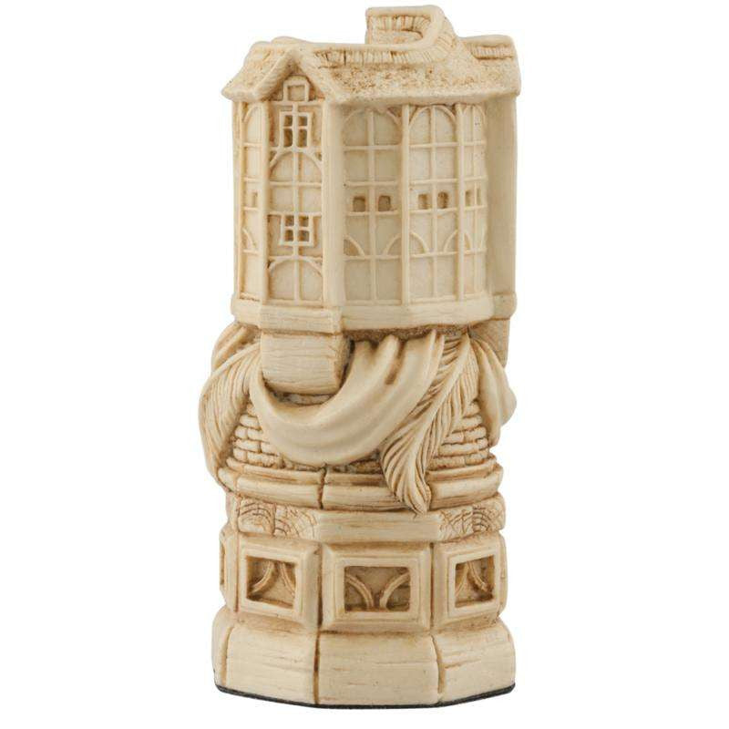 Ivory coloured themed Rook chess piece depicting the Globe Theatre itself, where many of Shakespeare's plays were performed.