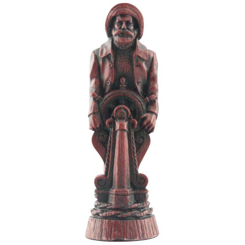 A hand made burgundy coloured Bishop chess piece depicting a Salty-Sea Dog, inspired by mans constant quest to conquer the seas.
