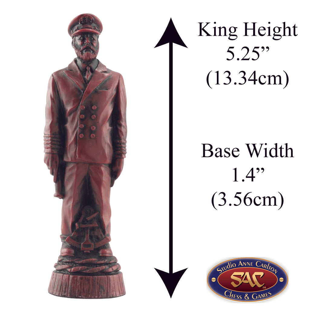 A hand made burgundy coloured King chess piece depicting a Captain of a ship, inspired by mans constant quest to conquer the seas.
Alongside measurement information.