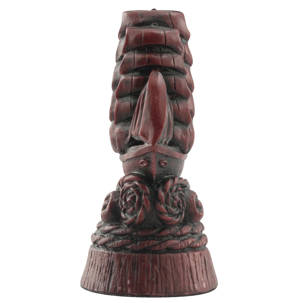 A hand made Burgundy Coloured Pawn Chess Piece depicting a ship atop the waves.

All the major voyages of discovery and the first circumnavigations of the world were undertaken by sail.