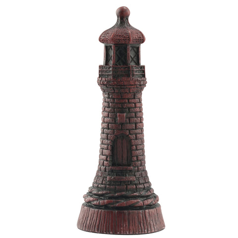 A hand made burgundy coloured Rook chess piece depicting a LightHouse, built to warn sailors of the proximity of rocks through thick fog and sea mist.