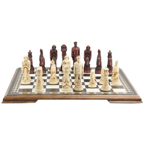 A nautical-themed hand made chess set with pieces including a Captain, Mermaid, Navigator, Seahorse, Lighthouse, and Ship, displayed on a black and white chess board.