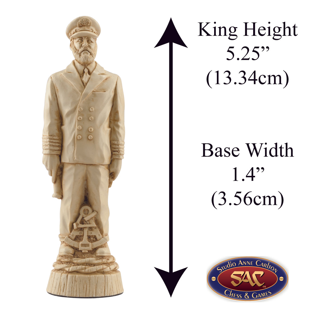 A hand made ivory coloured King chess piece depicting a Captain of a ship, inspired by mans constant quest to conquer the seas.
Alongside measurement information.