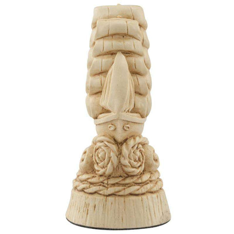 A hand made Ivory Coloured Pawn Chess Piece depicting a ship atop the waves.

All the major voyages of discovery and the first circumnavigations of the world were undertaken by sail.