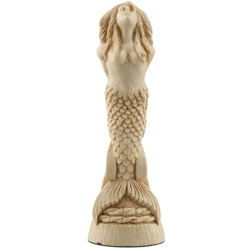 A hand made ivory coloured Queen chess piece depicting a Mermaid, inspired by the mythical sirens of the sea.
