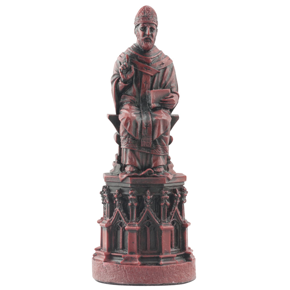 A handmade burgundy coloured chess piece depicting a Bishop or Archbishop, seated on the Bishops Throne.
