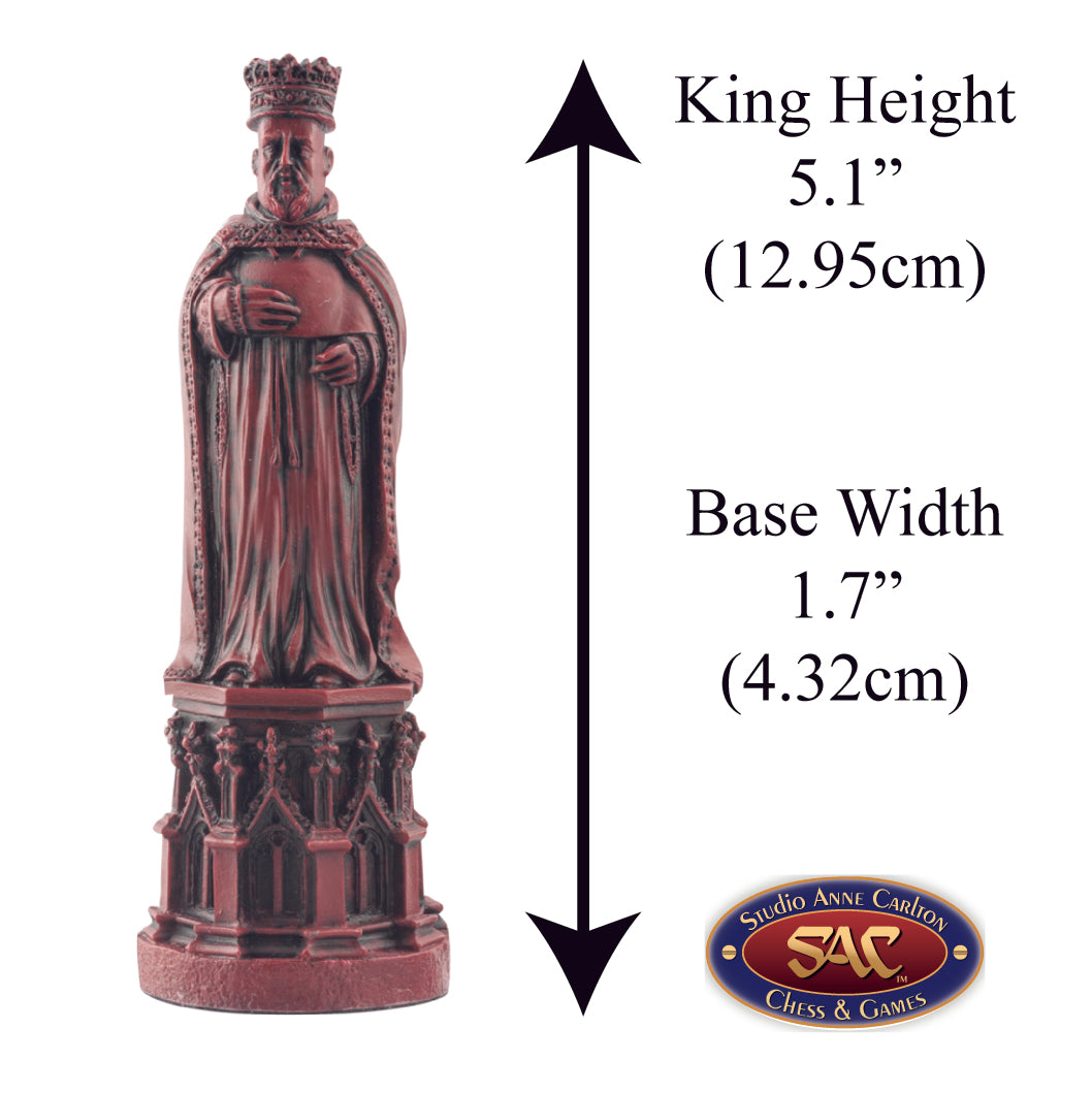 A hand made burgundy coloured chess piece depicting King Henry IV, inspired by the depiction on his tomb in the Canterbury Cathedral. Alongside measurement information.