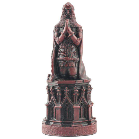A hand made burgundy coloured chess piece depicting Edward the Black Prince, the eldest son of King Edward III, inspired by the depiction on his tomb in the Canterbury Cathedral. 