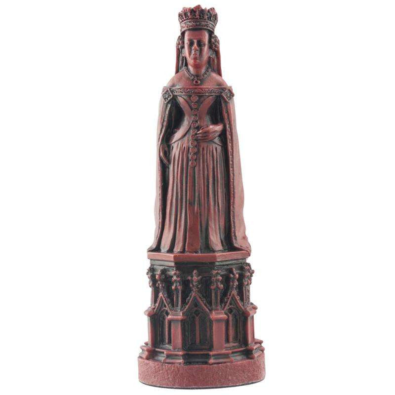 A hand made burgundy coloured chess piece depicting Queen Joan of Navarre, wife of King Henry IV, inspired by the depiction on her tomb in the Canterbury Cathedral.