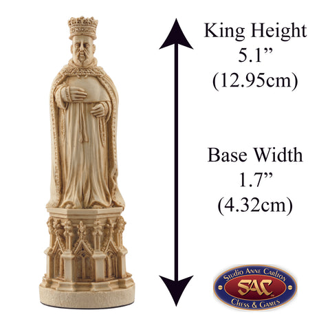 A hand made ivory coloured chess piece depicting King Henry IV, inspired by the depiction on his tomb in the Canterbury Cathedral. Alongside measurement information.