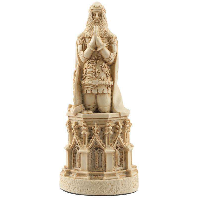 A hand made ivory coloured chess piece depicting Edward the Black Prince, the eldest son of King Edward III, inspired by the depiction on his tomb in the Canterbury Cathedral. 