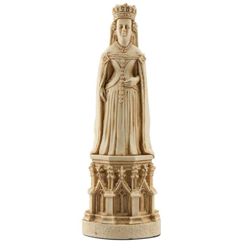 A hand made ivory coloured chess piece depicting Queen Joan of Navarre, wife of King Henry IV, inspired by the depiction on her tomb in the Canterbury Cathedral.