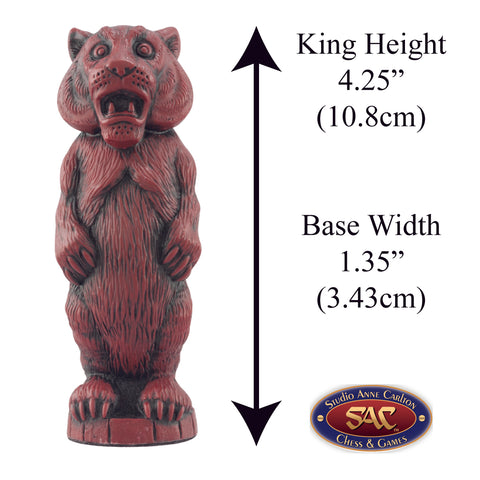 A handmade chess piece featuring a Kalidah from The Wonderful Wizard of Oz. Alongside measurement information.