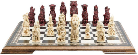Ivory and Burgundy colour chess set featuring characters resembling Dorothy and other characters from the Wonderful Wizard of Oz, placed on a wooden chessboard.