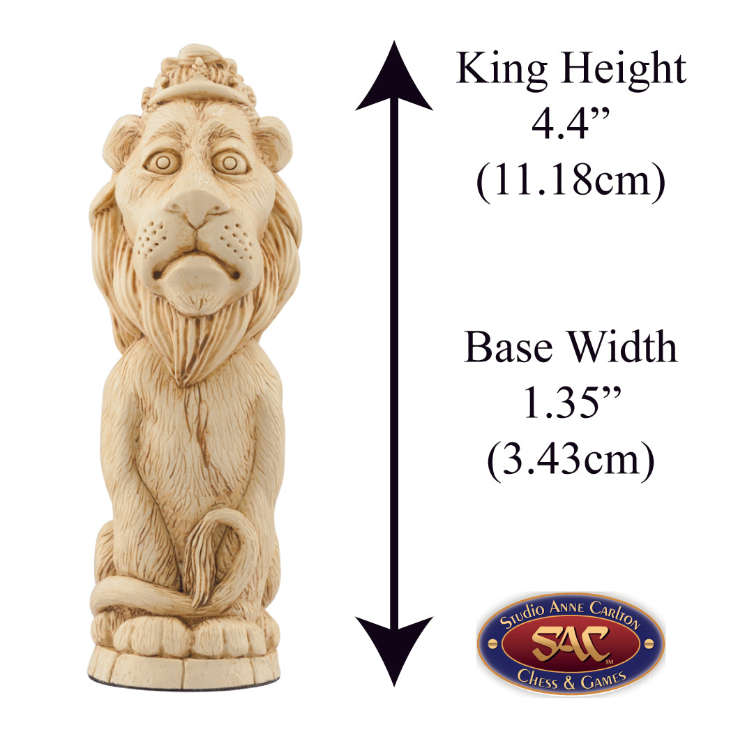 A handmade chess piece featuring The Lion from The Wonderful Wizard of Oz. Alongside measurement information.