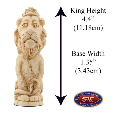 A handmade chess piece featuring The Lion from The Wonderful Wizard of Oz. Alongside measurement information.