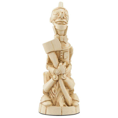 Ivory coloured themed Knight chess piece Depicting The Tin Man from the Wonderful Wizard of Oz, holding his wood cutters axe.