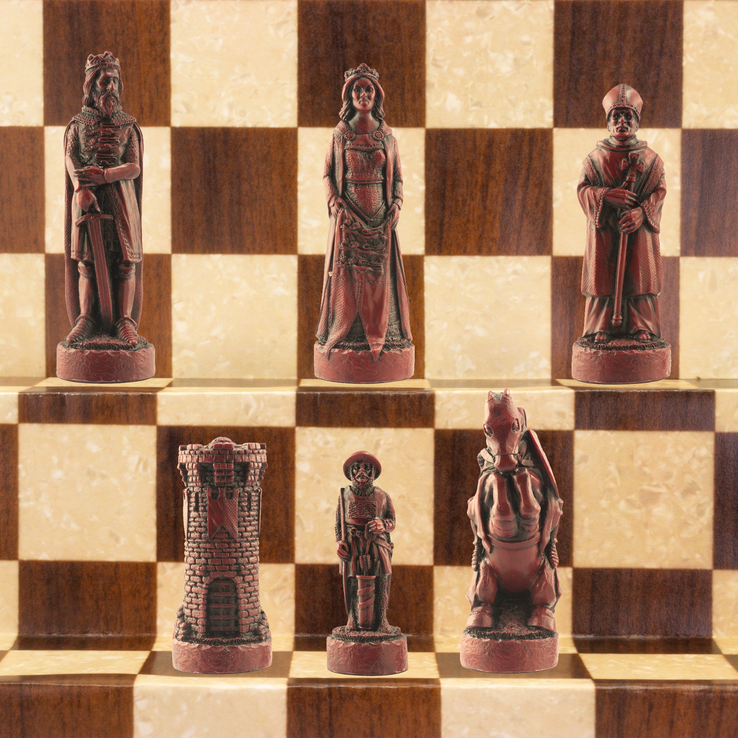 A handmade chess set depicting figures from the Battle of Bannockburn, with a checkered background. The set includes a king, a queen, a bishop, a knight, and a rook, all in ivory and burgundy colors.