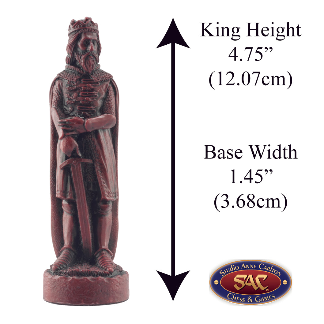 A handmade chess piece depicting King Edward II from The Battle of Bannockburn, Alongside measurement information.