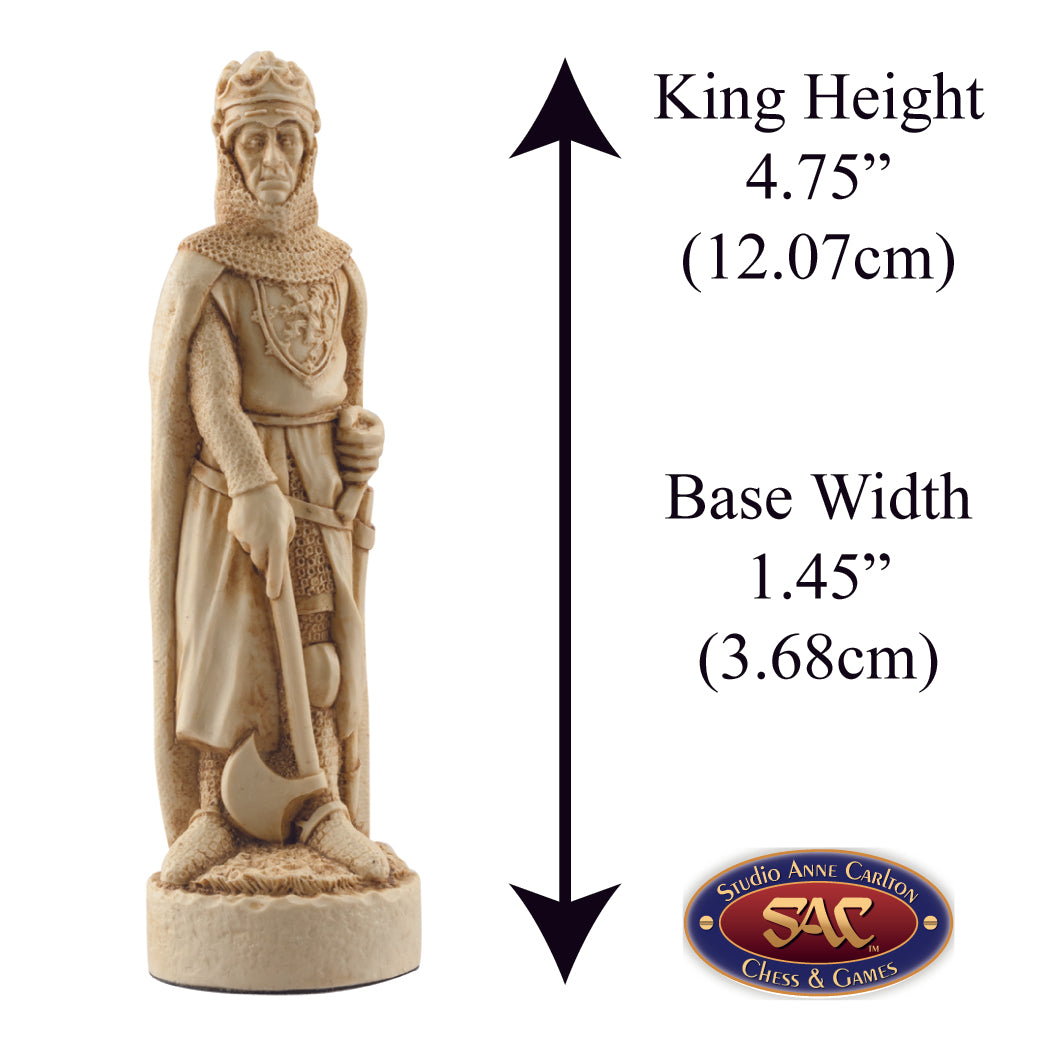 A handmade chess piece depicting Robert The Bruce from The Battle of Bannockburn, Alongside measurement information.