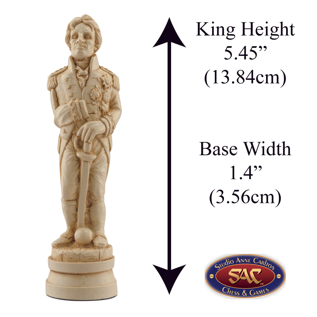 A handmade chess piece featuring Lord Horatio Nelson from The Battle of Trafalgar, Alongside measurement information.