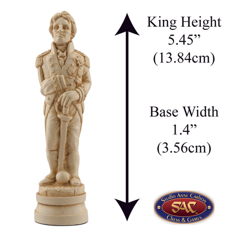 A handmade chess piece featuring Lord Horatio Nelson from The Battle of Trafalgar, Alongside measurement information.