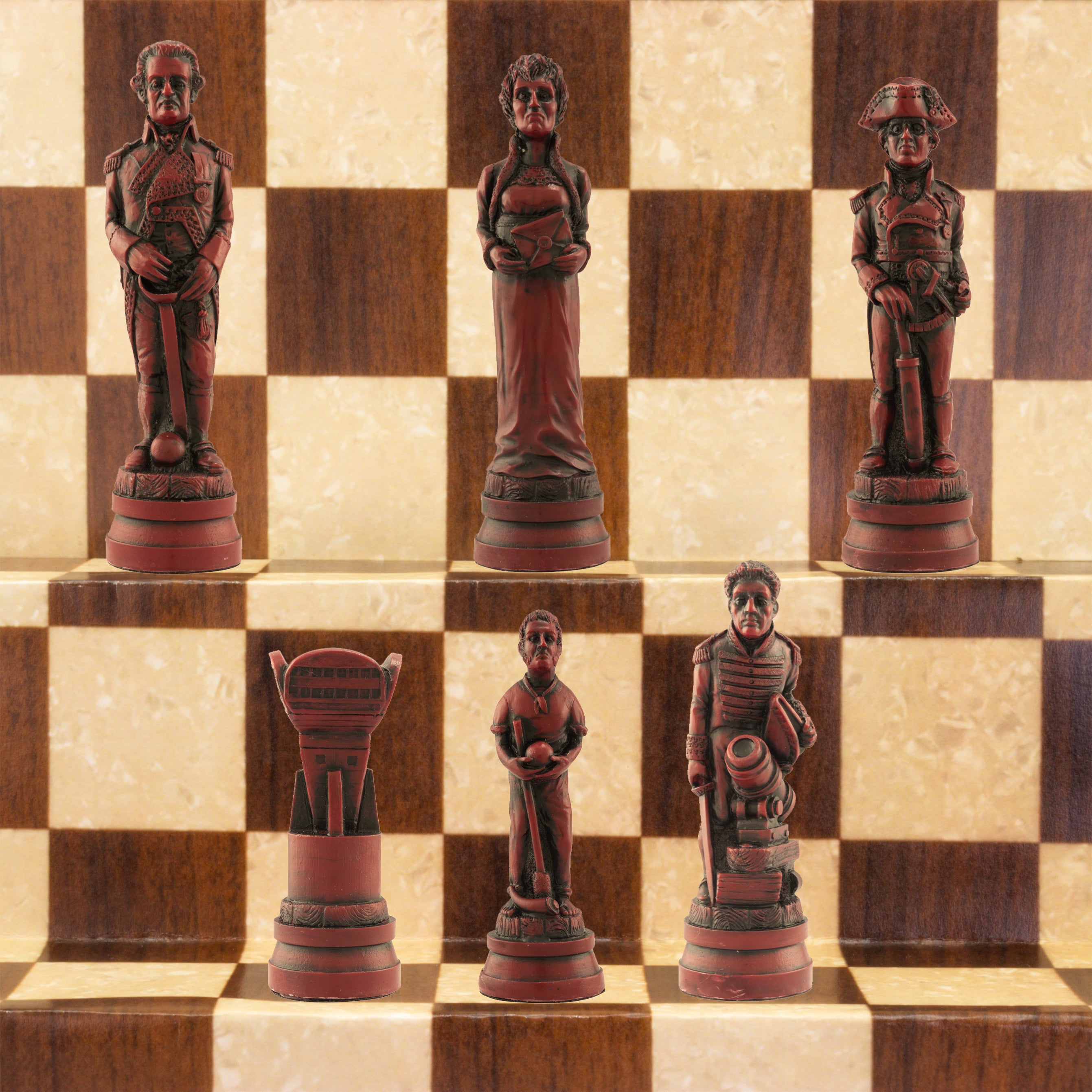 A hand-shaded chess set featuring figurines representing characters from the Battle of Trafalgar, placed on a checkered background.