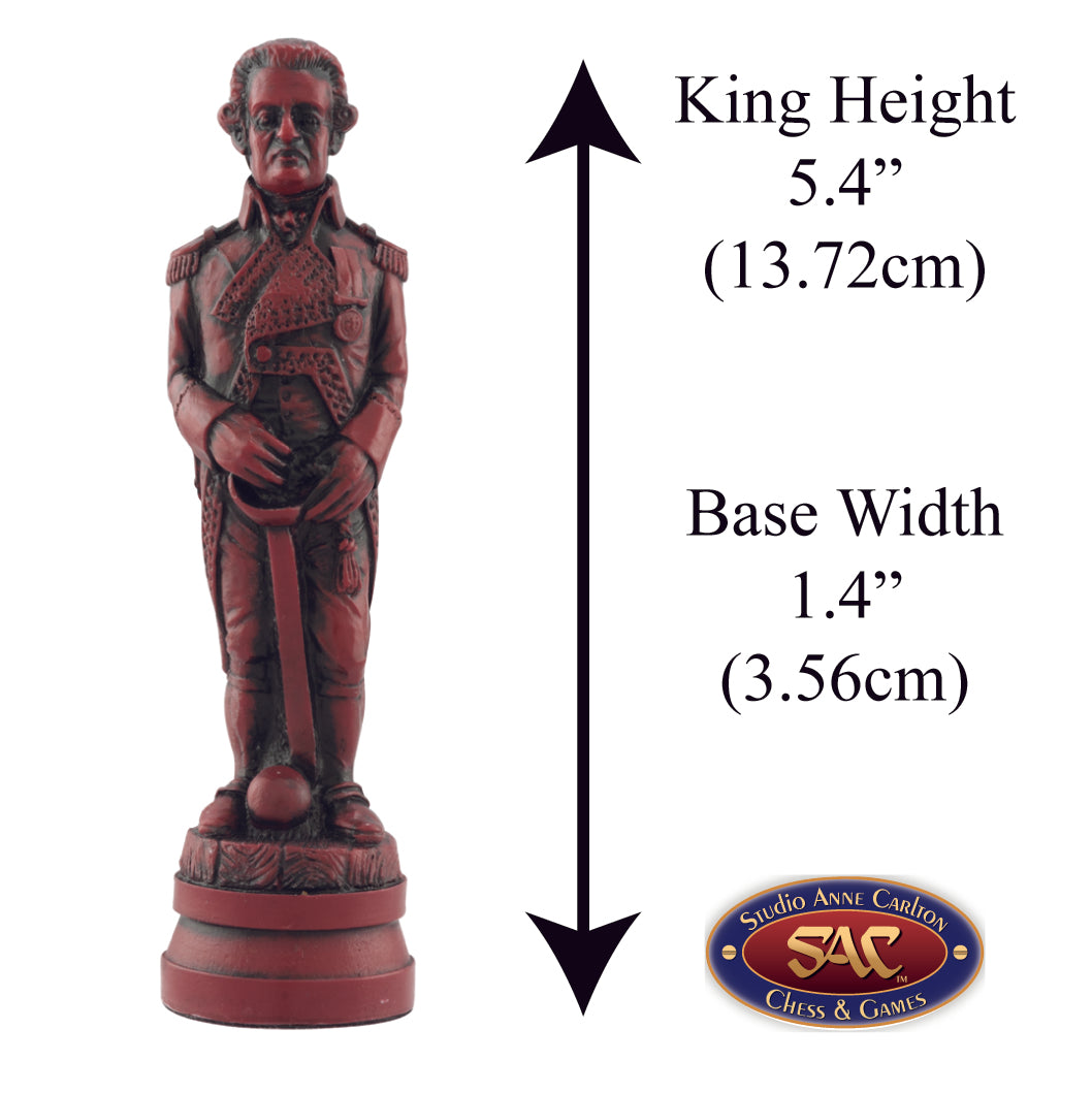 A handmade chess piece featuring Admiral Pierre-Charles Villeneuve from The Battle of Trafalgar, Alongside measurement information.