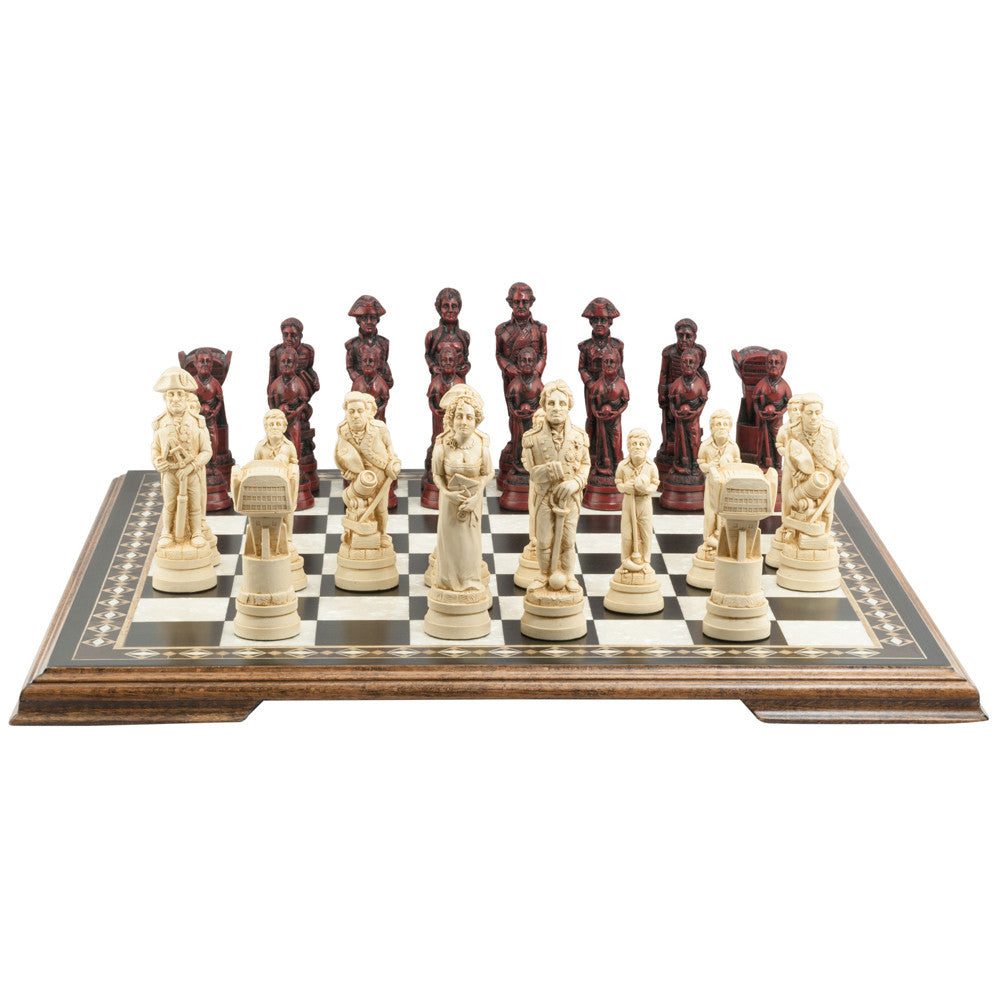 A hand-shaded chess set featuring figurines representing characters from the Battle of Trafalgar, placed on a chess board.