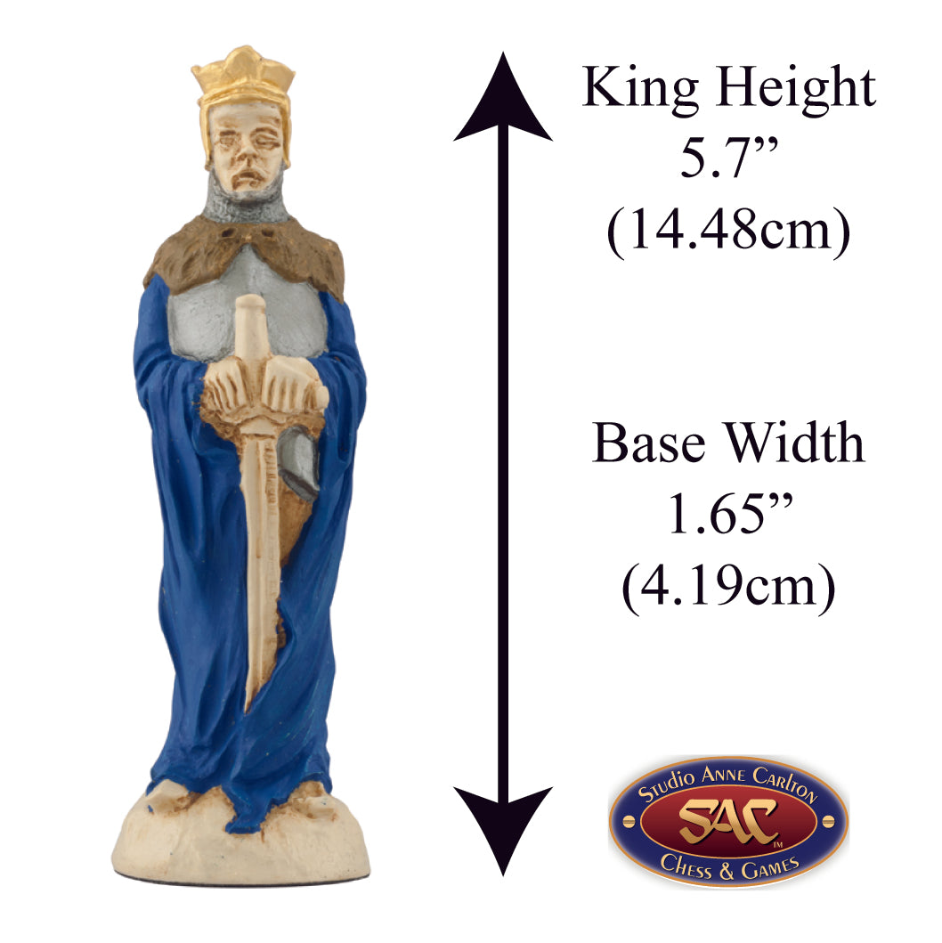 A hand painted blue coloured chess piece depicting King Arthur, From Arthurian Legend, Alongside measurement information.